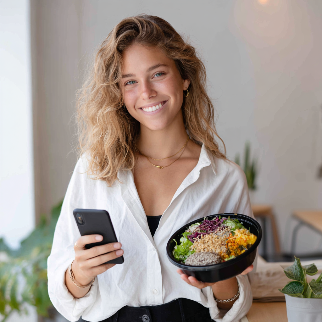 Gast mit Smartphone und Take-Away Bowl – acceptaria selectplus