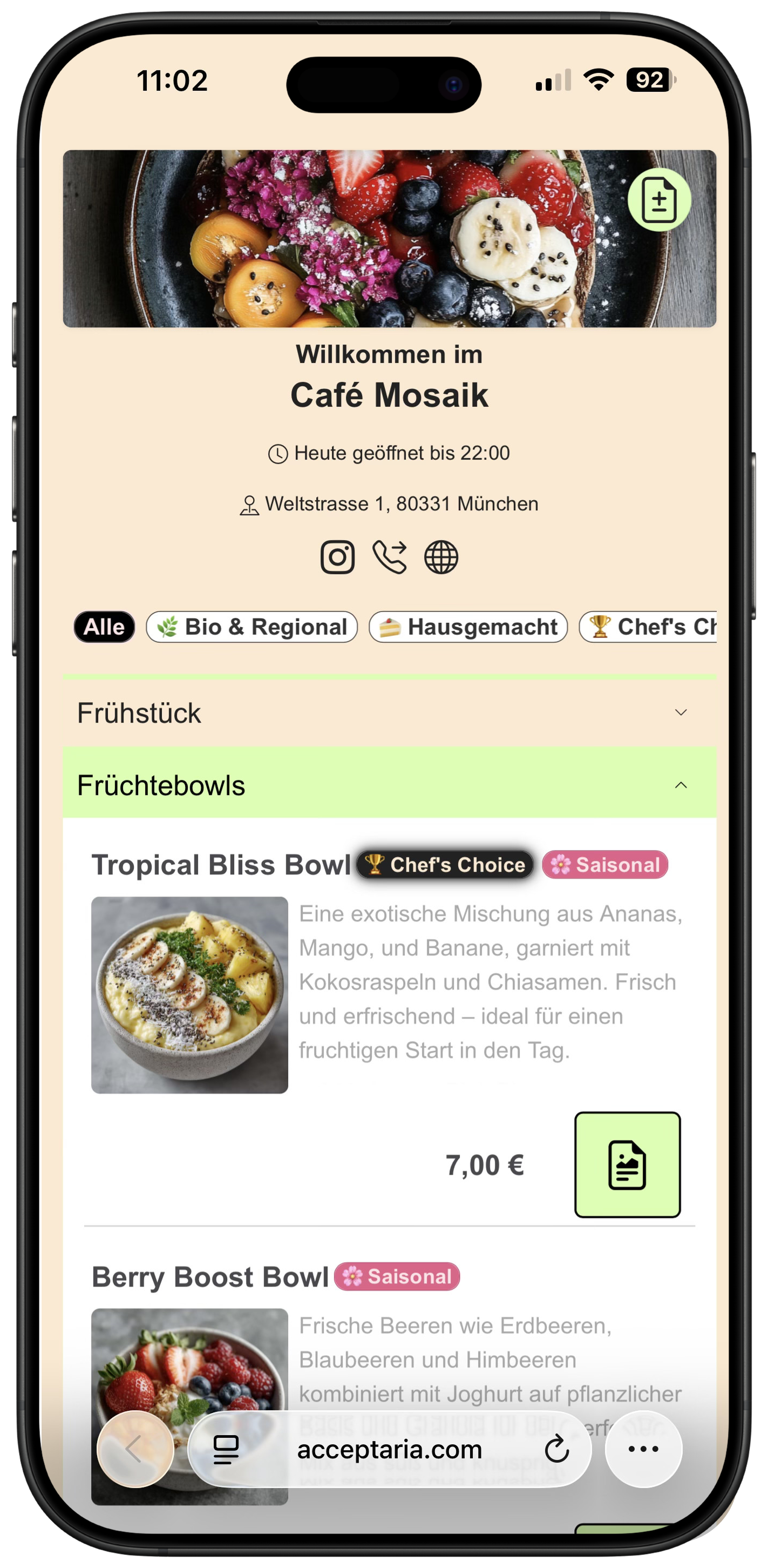 acceptaria Digitales Menü – Café Mosaik App Screenshot